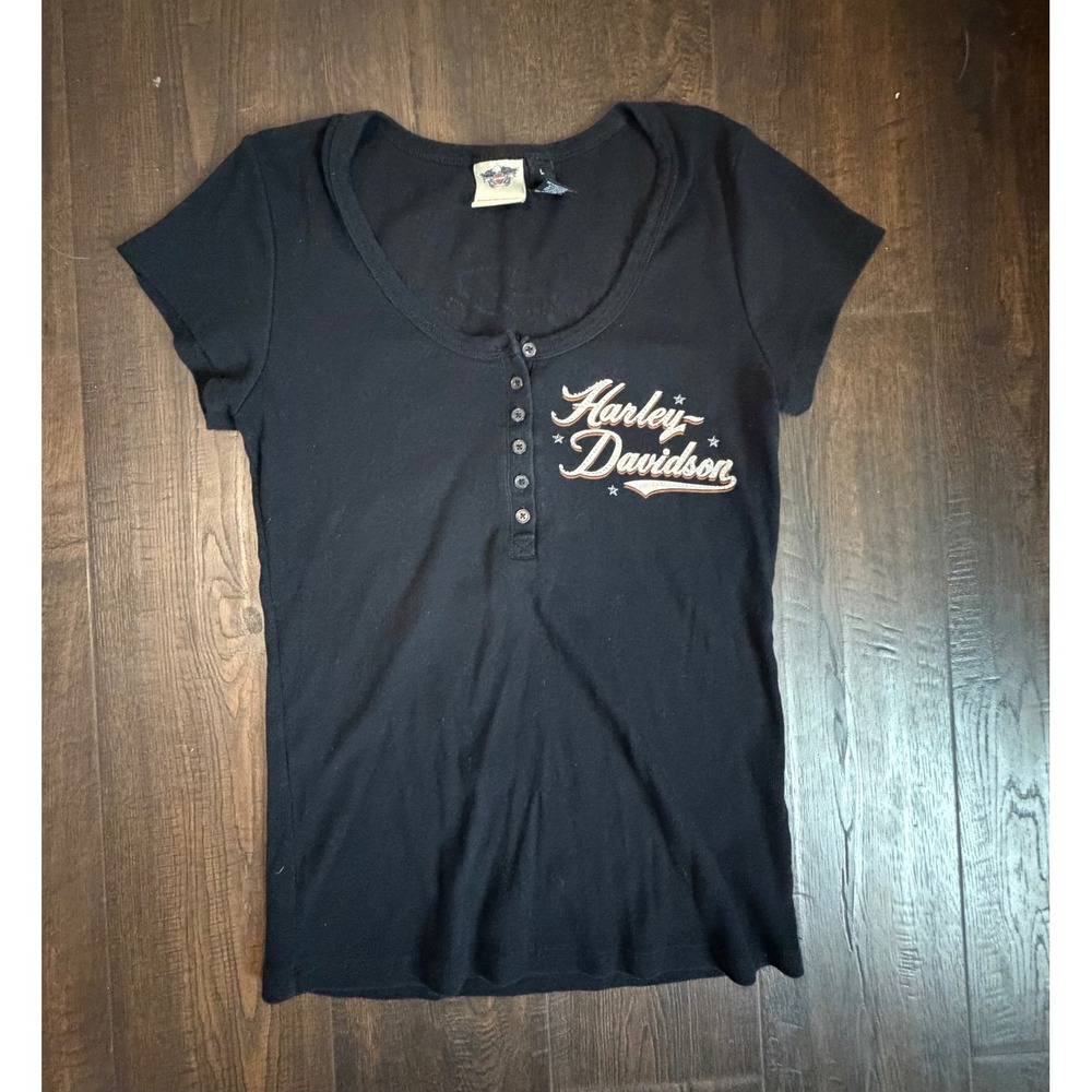 Harley-Davidson Rhinestone Henley Tee Black Women's L